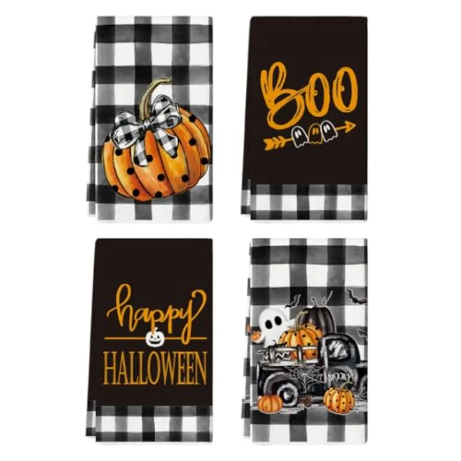 

Pumpkins Ghost Boo Truck Happy Halloween Кухонные полотенца Полотенца для мытья посуды 18x26 Ih Buffalo Плед Украшение Полотенца для рук Набор из 4 шт.