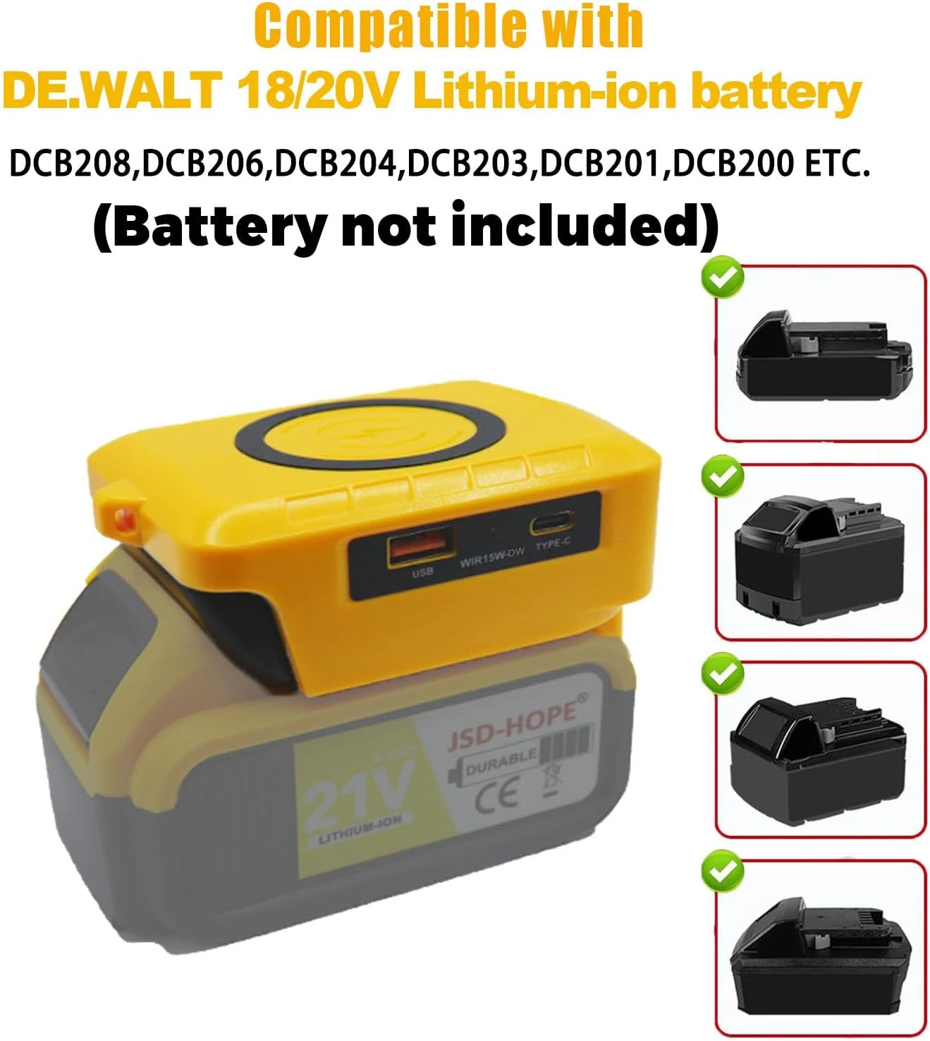 Fast Wireless Charger Adapter for Makita/Dewalt/Milwaukee 18 V Li-ion Battery With USB&Type-C Charge Port Portable Power Bank