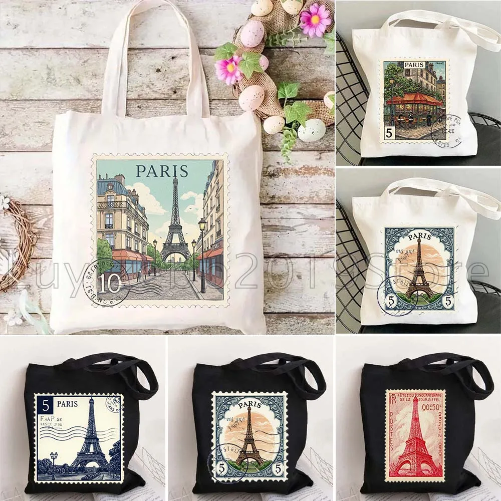 

Vintage Paris France Postage Stamp Retro Cityscape Post Stamps Gifts Canvas Shoulder Tote Bag Harajuku Shopper Reusable Handbag