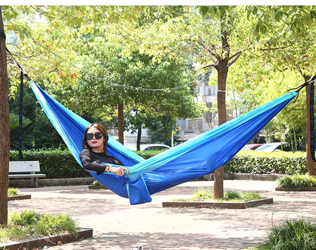 Single Person Portable Outdoor Camping Hammock With Nylon Color Matching Hammock High Strength Parachute Fabric Hanging Bed