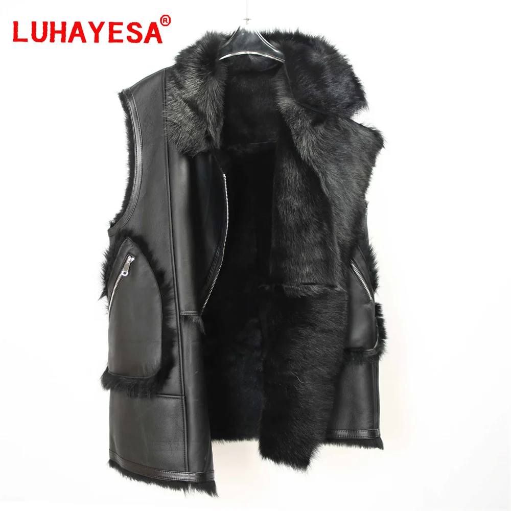 2024 Spain Tuscany Lamb Fur Shearling Vest Women Fashion Winter Warm Black Medium Long Real Fur Vests