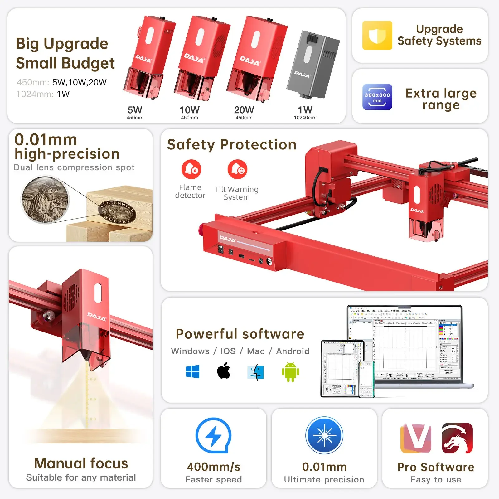 DAJA A6 High Quality Laser Cutting Engraving Machine Metal Stainless Steel Wood Leather Acrylic Glass   