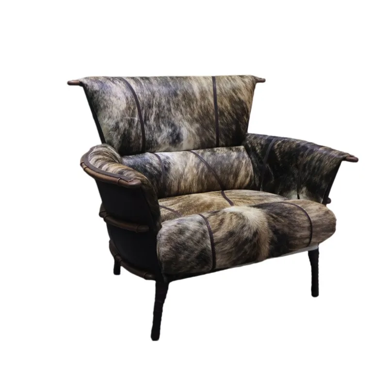 Luxury natural cowhide armchair, retro upholstered solid wood frame sofa chair lounge living room club cigar chair