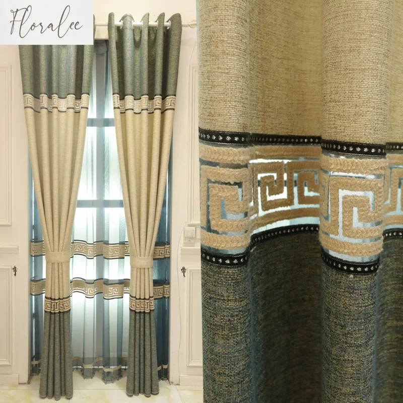 Linen Blackout Light Luxury Curtains for Living Room Bedroom High Quality Window Tulle Coffee Blue Curtain Customized Decoration