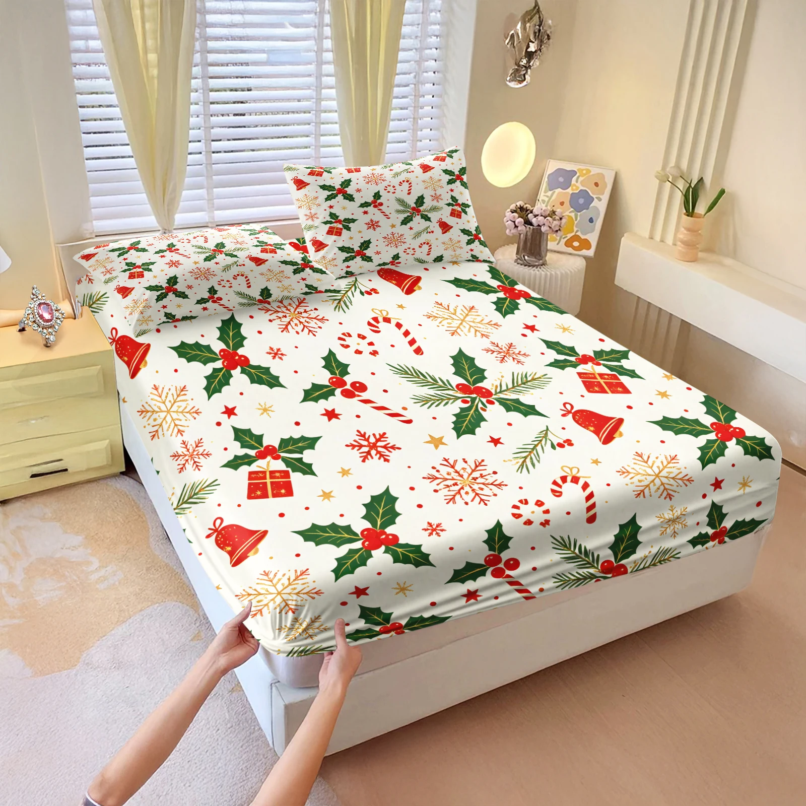 Christmas Fitted Sheet Set Holly Berry Bell Gift Box Candy Cane Golden Snowflake Star Print Deep‑Pocket Elastic Mattress Cover