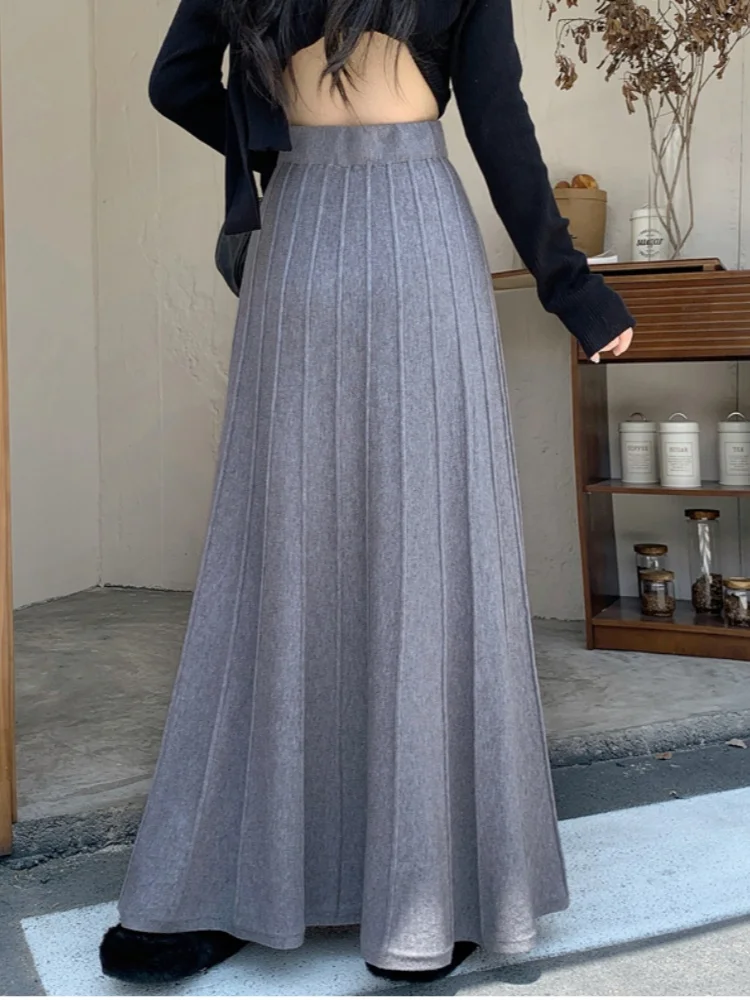 SMTHMA 2025 Nuova gonna lunga lavorata a maglia autunno/inverno per le donne Gonna a trapezio a vita alta Elegante gonna ombrello morbida a cento pieghe