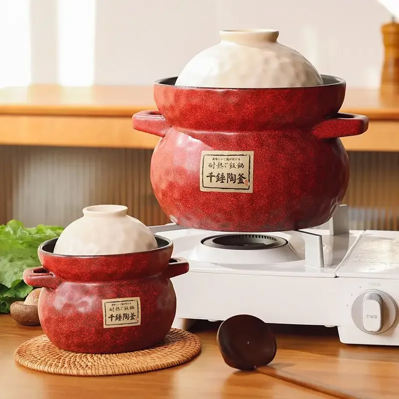 Vintage Ceramic Casserole Slow Cooker Soup Stew Pot Heat-resisting 600degree 0.9L Glazed surface Spodumene Red/Black fit 1-2 use