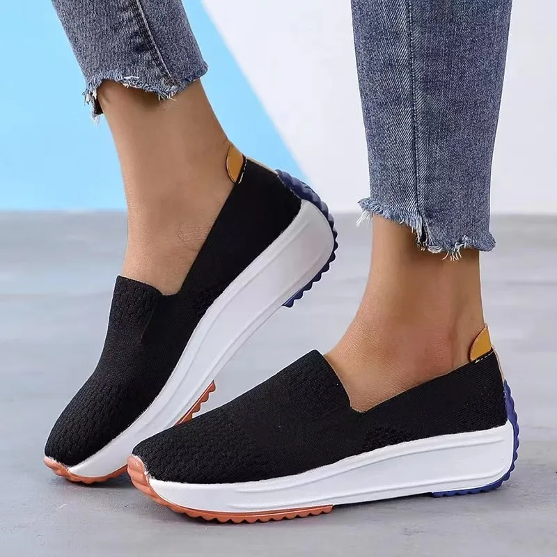 Spring Women Sneakers Mesh Flats Thick Sole Wedge Slip-on Female Shoes Lady Breathable Cozy Concise Casual Sports Walking Shoes