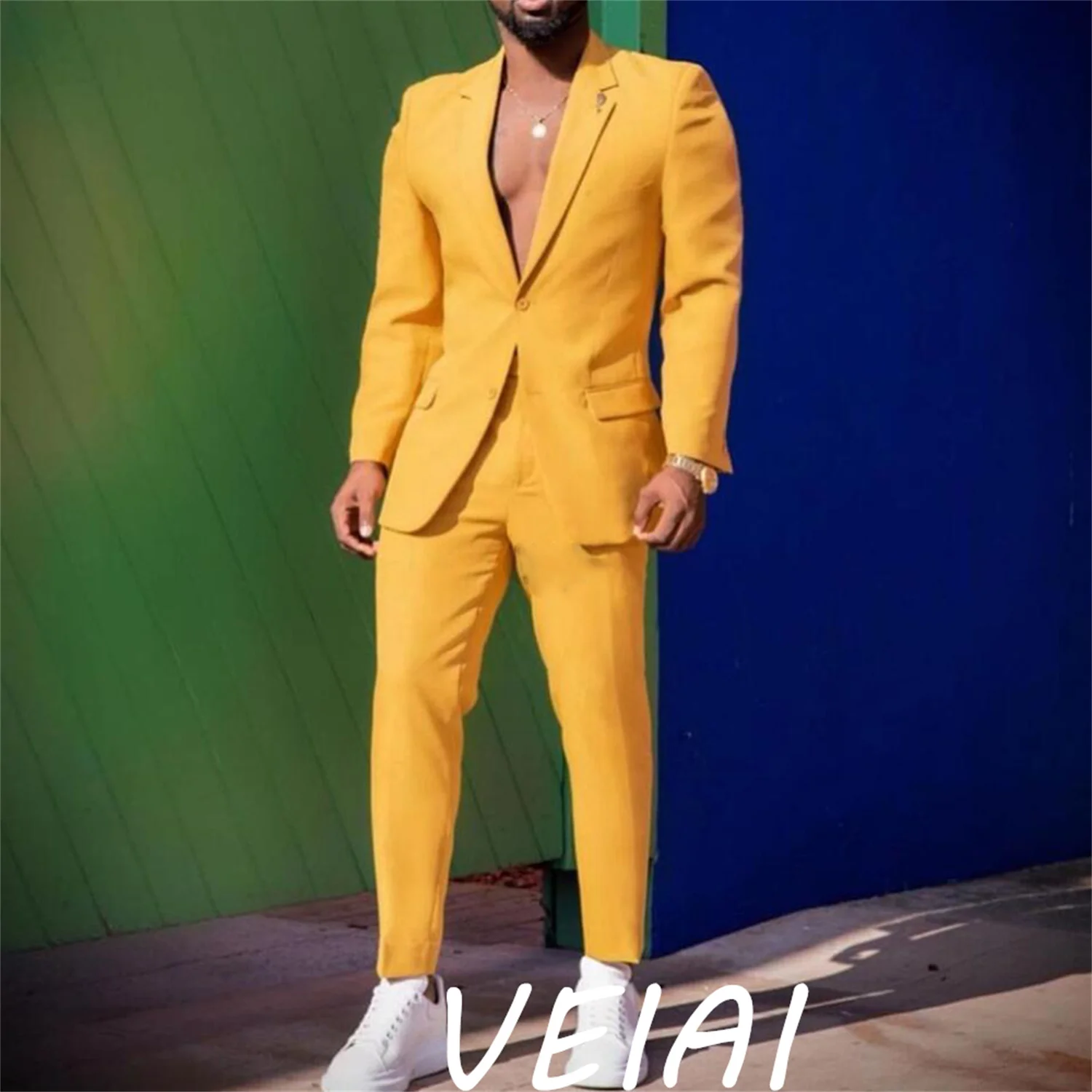 

CustomizedYellow Men Suits Notched Lapel Single Breasted Prom Suits Slim Fit Blazer Men Groom Tuxedos Wedding Suit 2 Piece Jacke