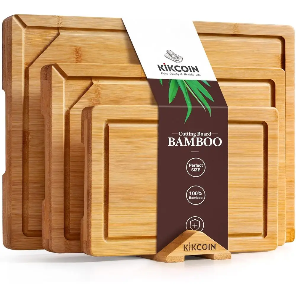 

3 Piece Wood Cutting Board Set with Stand and Non-slip Feet, Bamboo Chopping Board with Juice Groove, Serving Tray with Built-in