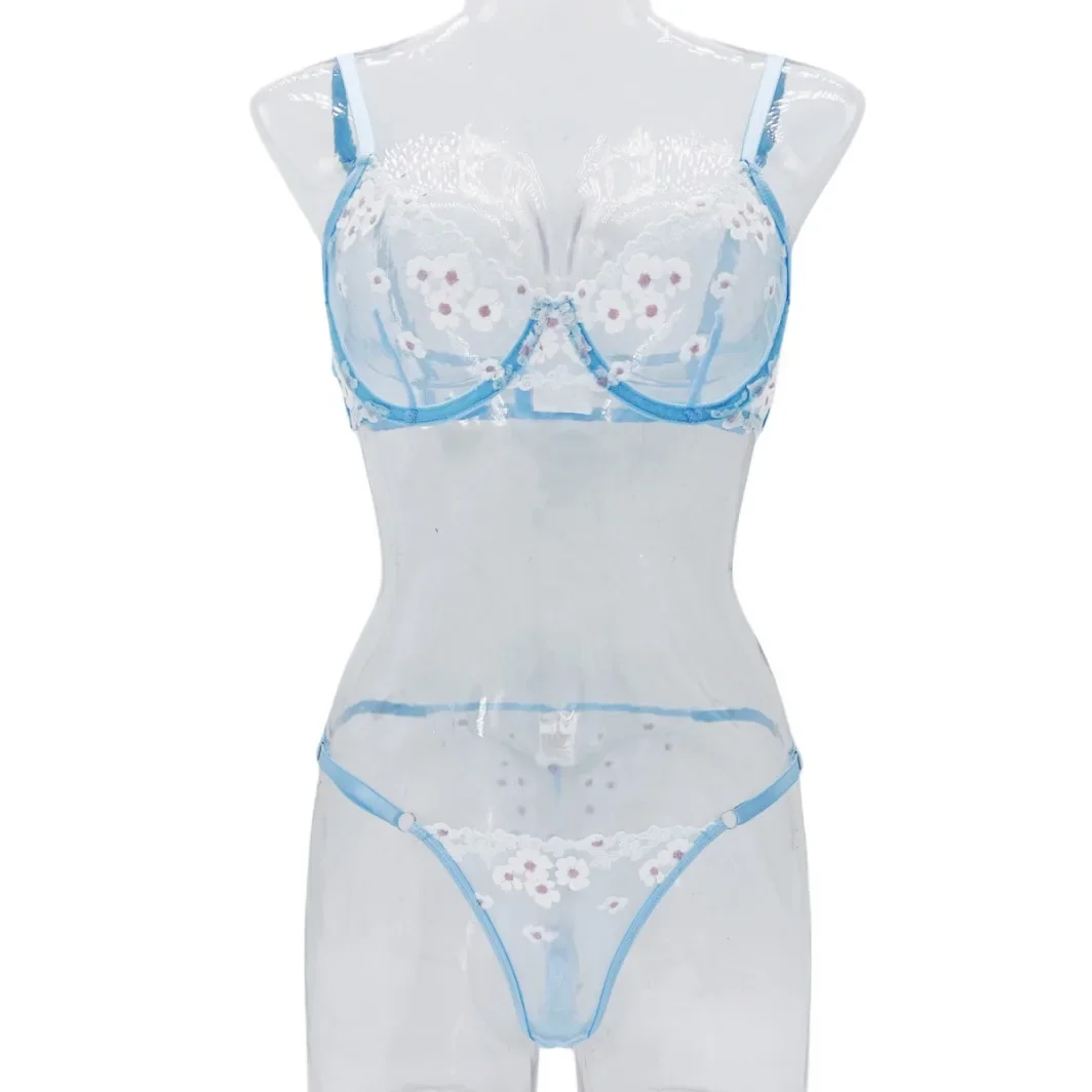 Autumn New French Style Sweet Floral Embroidery Lingerie Set Women\'s Mesh Perspective Comfortable Gathering Underwear Bra Briefs