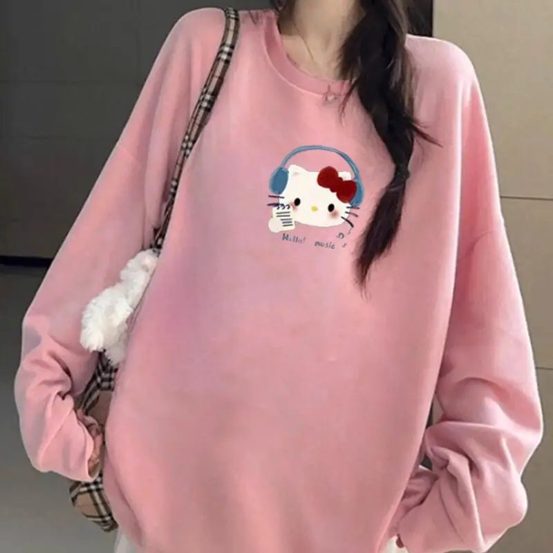 Miniso جديد لطيف الكرتون مرحبا كيتي طباعة سترات قطنية عالية الجودة للنساء الخريف الشتاء طويلة الأكمام البلوز عادية للجنسين Y2K القمم #5