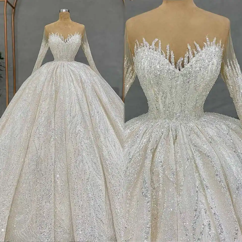 

Illusion Ball Gown Wedding Dress Appliques Bridal Gowns Sheer Neck Long Sleeves Sweep Train Dresses Customized vestidos de novia