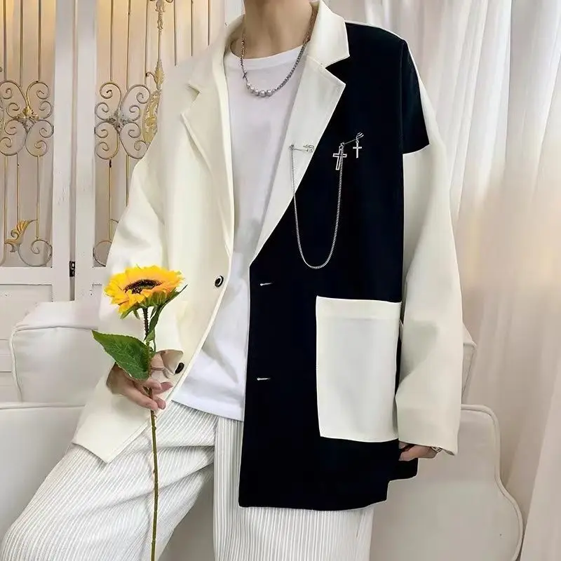 Autumn Men's Premium Trendy Street Suit Set Ins Unique Design Color Block Patchwork Edgy Chic Blazer Outfit