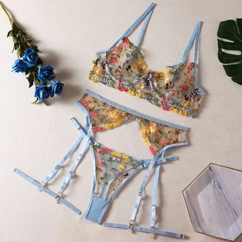 Sexy Bra Sets 3 Pieces Lace Fancy Intimate Romantic Lingerie Underwear See Through Exotic Sets Embroidery Flowers Bra Brief Set