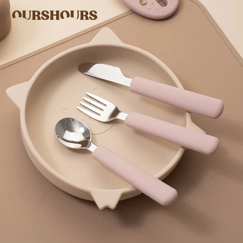 

Baby Silicone Handle Stainless Steel Spoon Fork Knife Sets Toddler Safe Tableware Kids Easy Feeding Tools Training Dinnerware