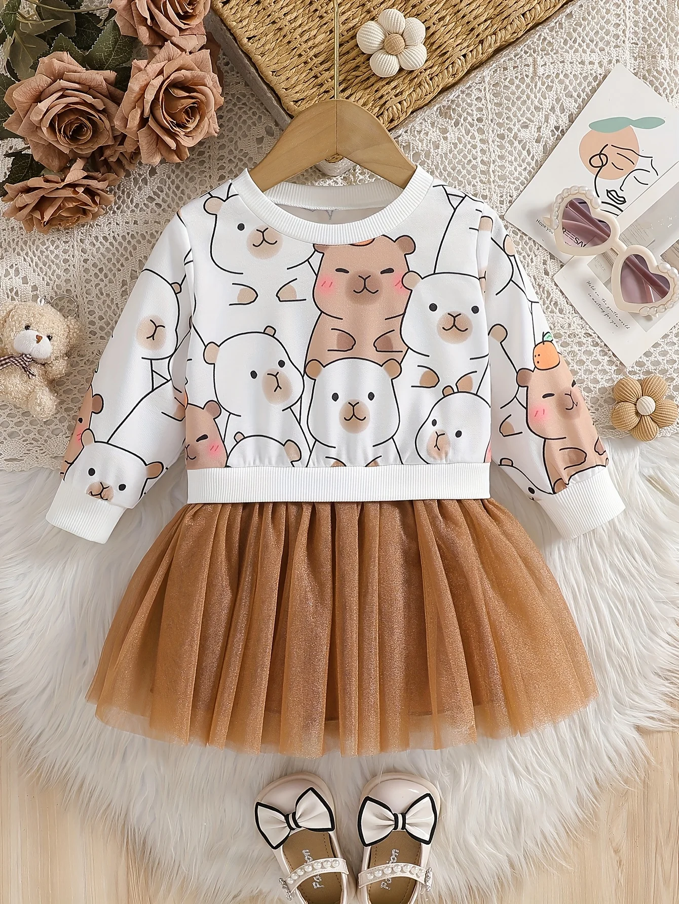 

Платье с длинными рукавами и принтом медведя для маленьких девочек — фатиновая юбка: подарок на день рождения для маленьких девочек на День святого Валентина (вечеринка/повседневный наряд)