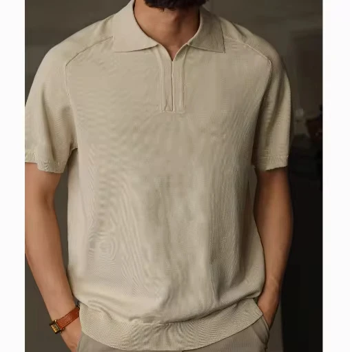 2025 Summer New Fashion Men's Casual Trendy Solid Color Knitted T-shirts Turn-down Collar Short Sleeve Pullover Clothes Tops