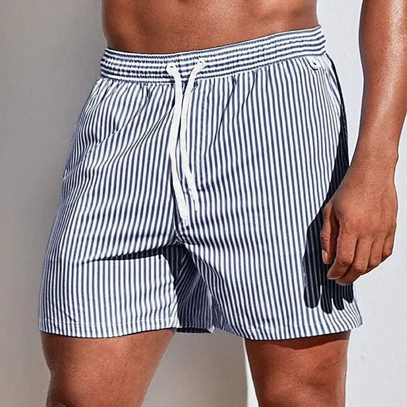 Men's Vertical-Stripe Beach Shorts-Casual Shorts with Drawstring Elastic Waist-Seaside Vacation Swim Trunks