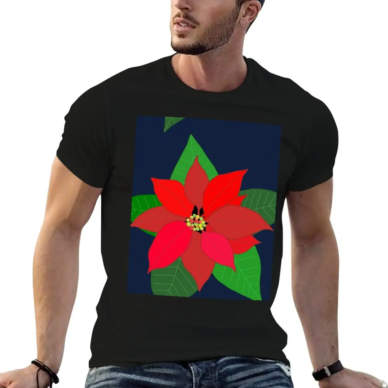 Red Poinsettia Christmas Flower T-Shirt custom t shirt tops anime for a boy mens designer clothes