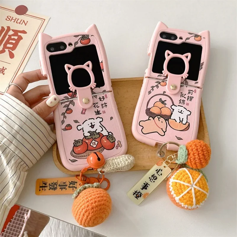 Cute Dog Persimmon Pendant Phone Case for Samsung Galaxy ZFlip 6 5 4 3 Protective Back Cover for ZFlip4 ZFlip5 ZFlip6 Case Shell