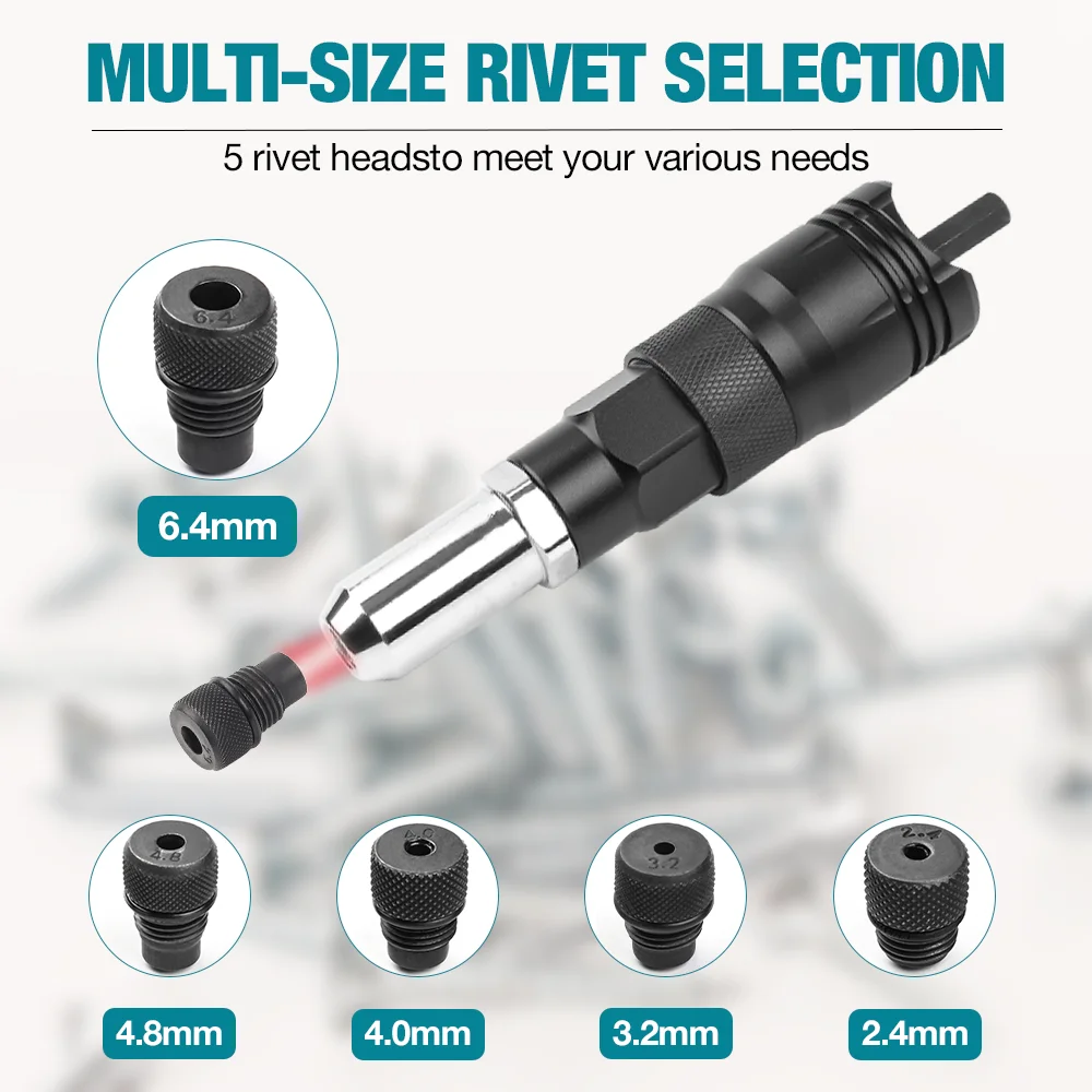 محول مسدس برشام كهربائي جديد، أداة تثبيت مدمجة، محول مسدس برشام لاسلكي منزلي 2.4 مم/3.2 مم/4.0 مم/4.8 مم/6.4 مم