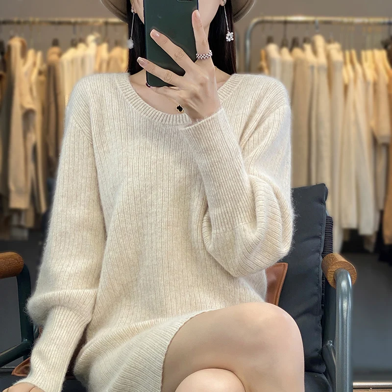 Women\'s U-Neck Mink Cashmere Long Dress Autumn Winter Long Sleeve Warm Luxury Fashion Mink Cashmere Solid Color Loose Knit Dress