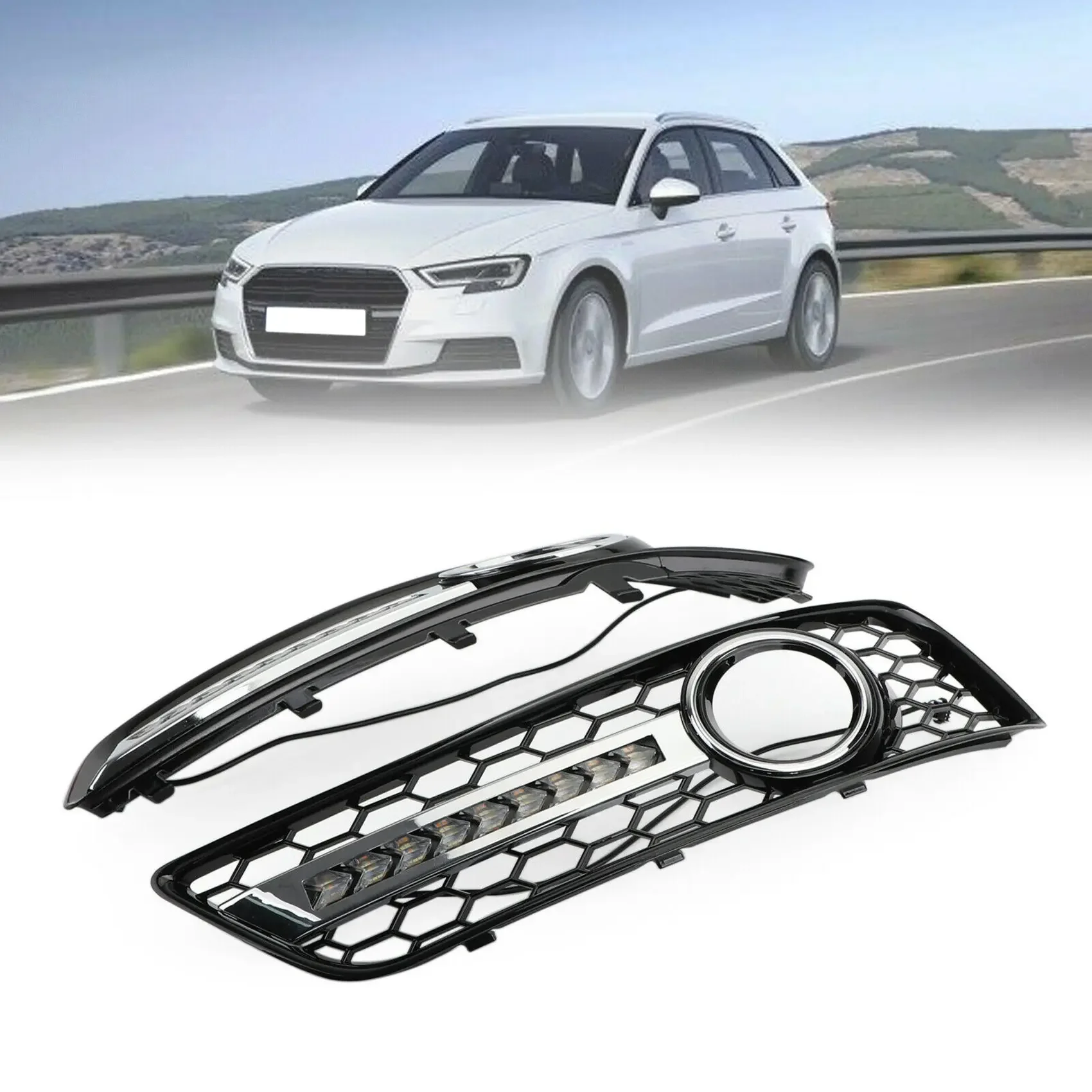 

for 2008-2013 Audi A3 S3 RS3 one pair black front bumper LED fog light grille trim OE:8P0807682J / 8P0807681AA