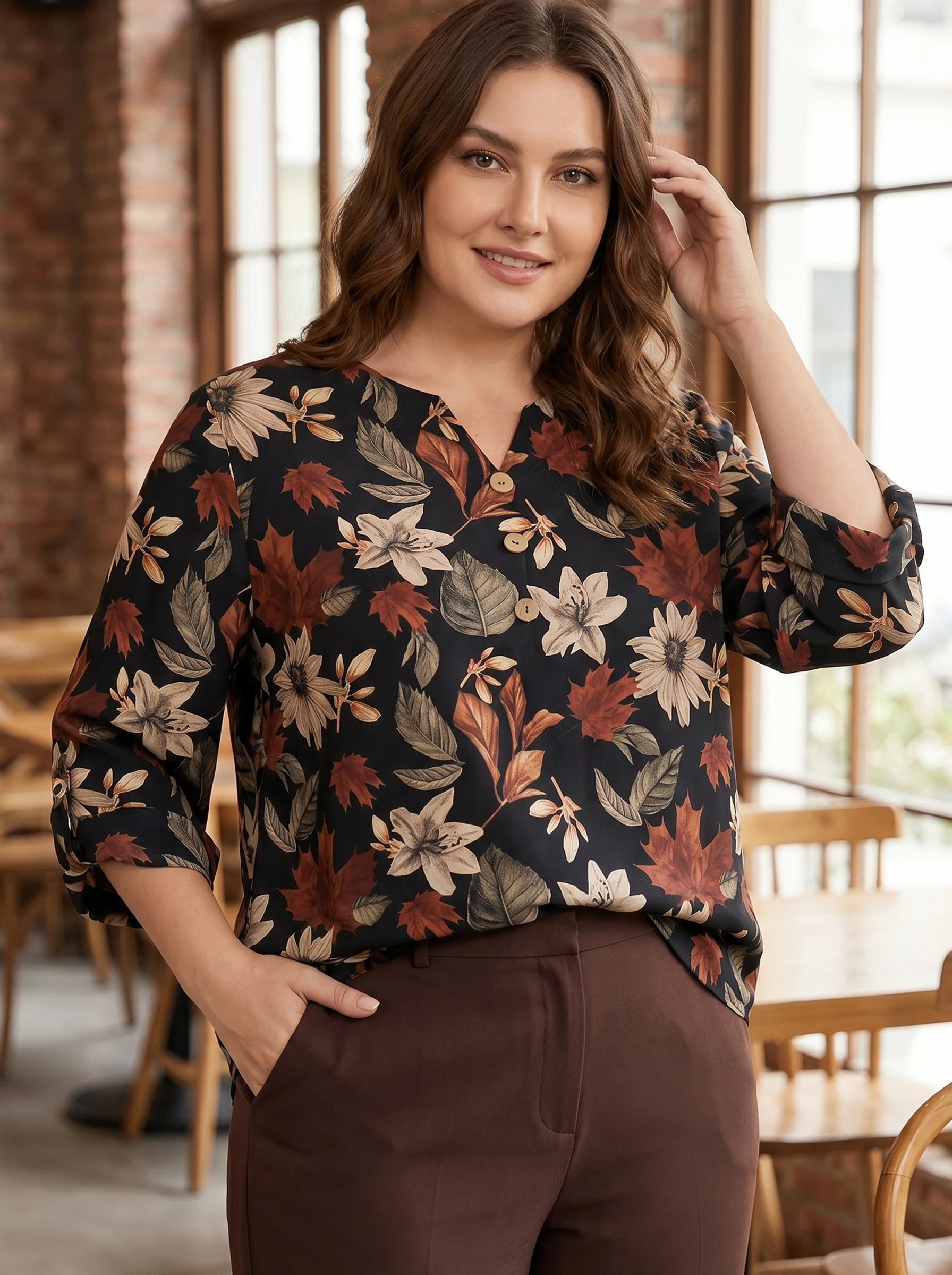 Rosa fera Blusa con estampado floral de talla grande para mujer, blusa informal holgada de media manga
