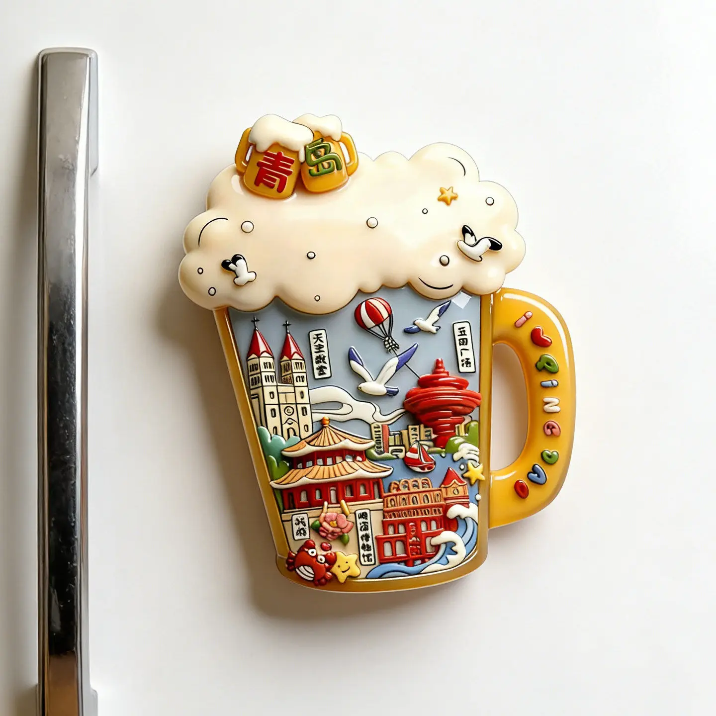 Shandong Qingdao resin beer cup magnetic refrigerator sticker city