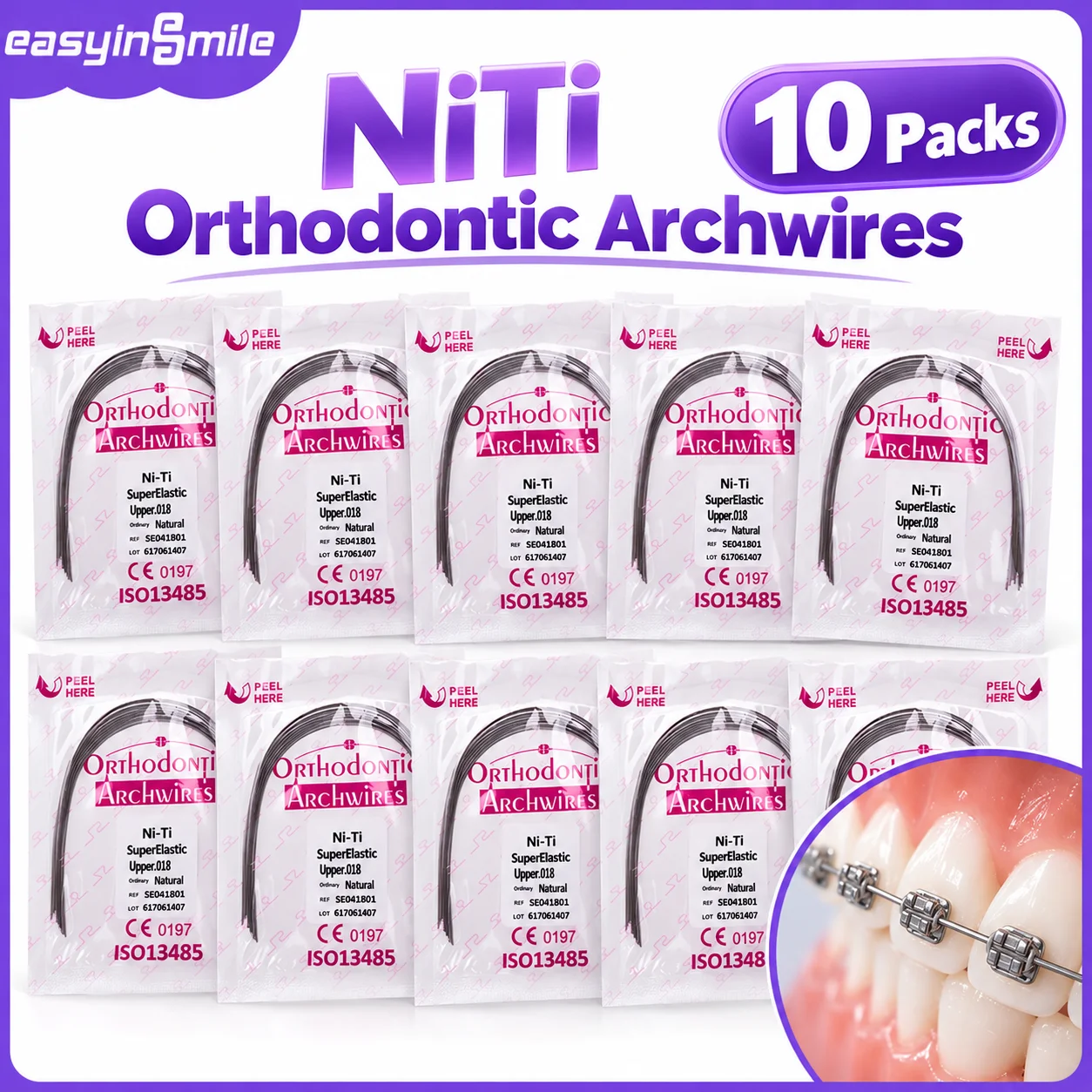 100pcs Easyinsmile Dental Orthodontic Arch Wire NiTi Material for Metal Orhto Bracket Arch Wires 012 014 016 018 020 Upper&Lower