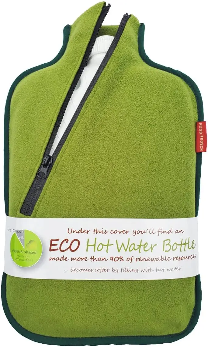

Eco Hot Water Bottle (Firm, Not Flexible) – 2.0L with Soft Cover & Zipper, Green, Made in Germany, Non-Toxic Certified, Long-Las