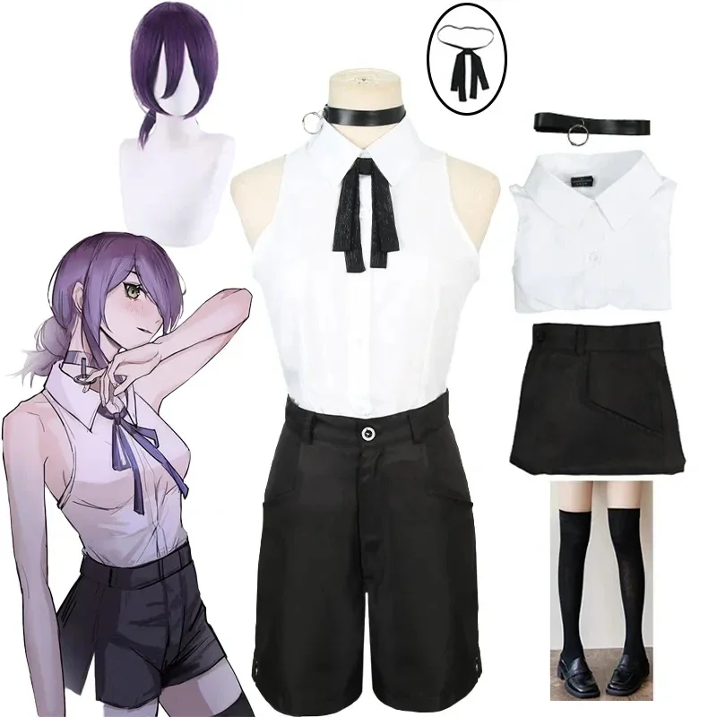 Disfraz de motosierra de Anime para hombre y mujer, traje de Cosplay, camisa de bomba, trajes, corbata, cuello corto, peluca, ropa de Halloween