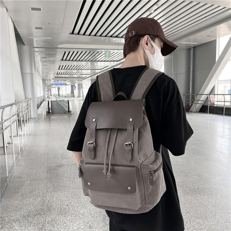 Canvas Shoulder Computer Bag Men's Fashion Travel Drawstring Flip Book Bag Retro Backpack