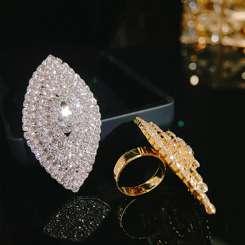 Luxury Shiny Full of Rhinestones Open Ring for Women Fashion Gold Color Adjustable Big Ring Female Wedding Birthday Jewelry Gift