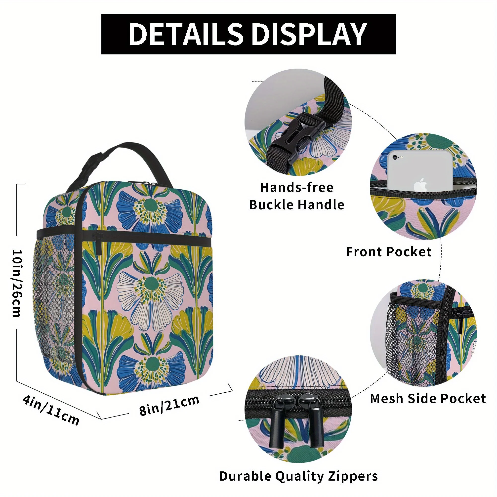 1pc Floral Pattern Thermal Insulated Bag - Blue, Yellow & Green with Pink Print, Reusable Portable Cooler for Home, Office, or R