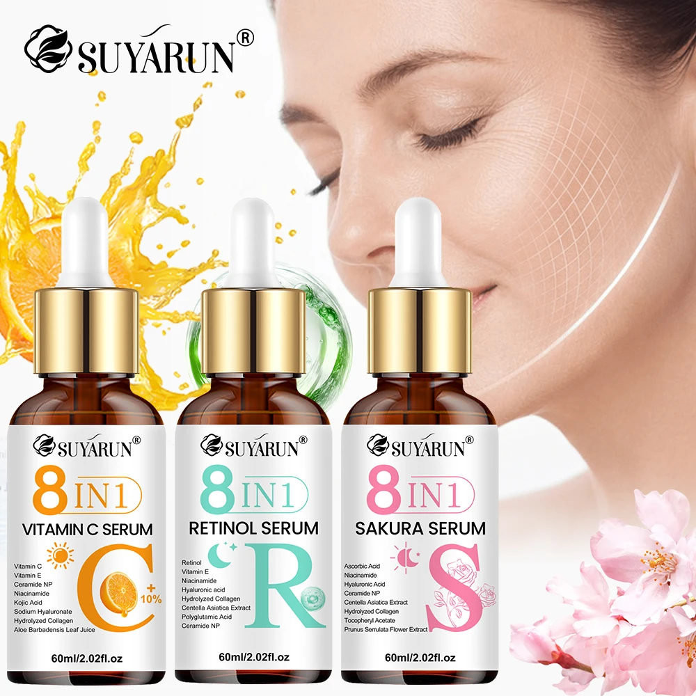 SUYARUN Vitamin C + Retinol + Sakura Essence Set, with collagen & aloe. Brightens, firms, deeply hydrates, evens skin tone.
