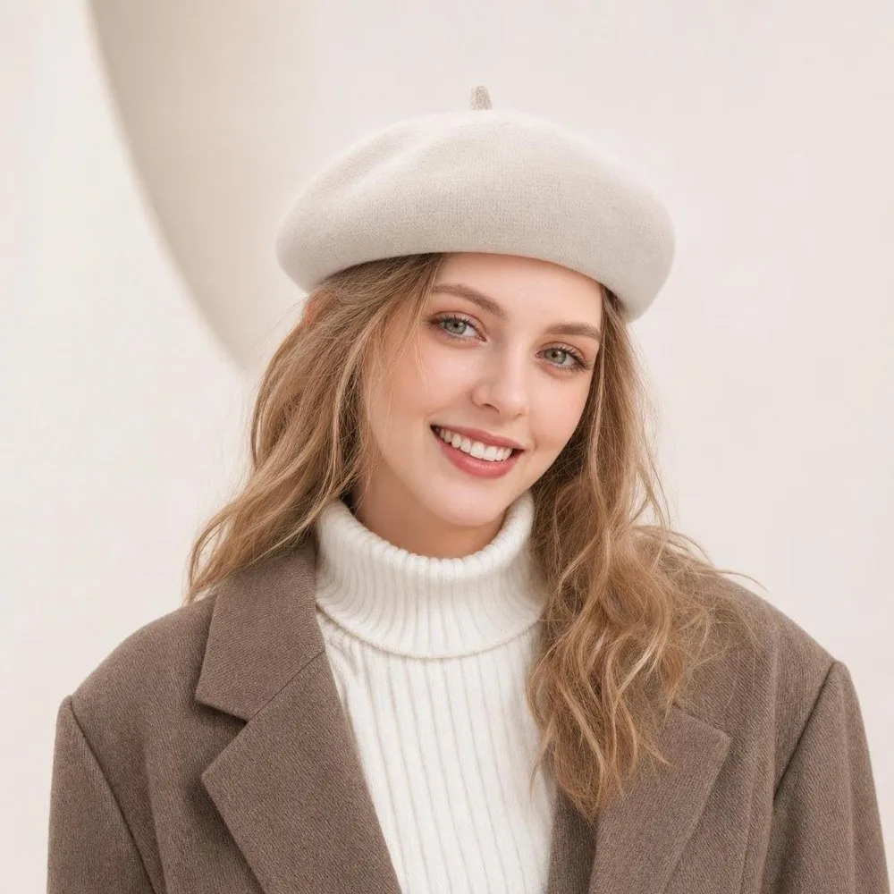 Fashion Warm Winter Wool Berets Hat Retro Elegant French Artist Hat Adjustable All Matched Plain Cap Lady