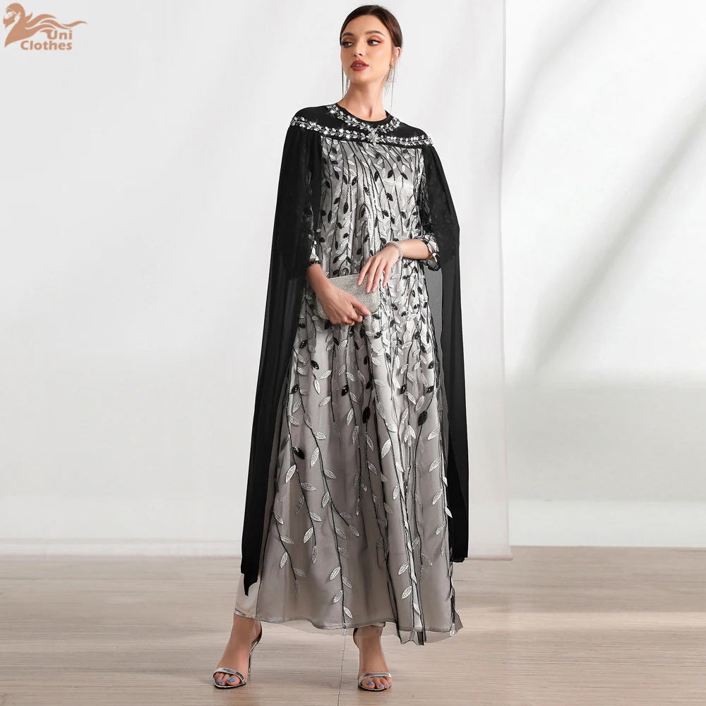 Fashion Royal Caftan Women Turkish Chic Mesh Cape Rhinestone Embroidery Wrist Sleeve Elegant Evening Long Dress