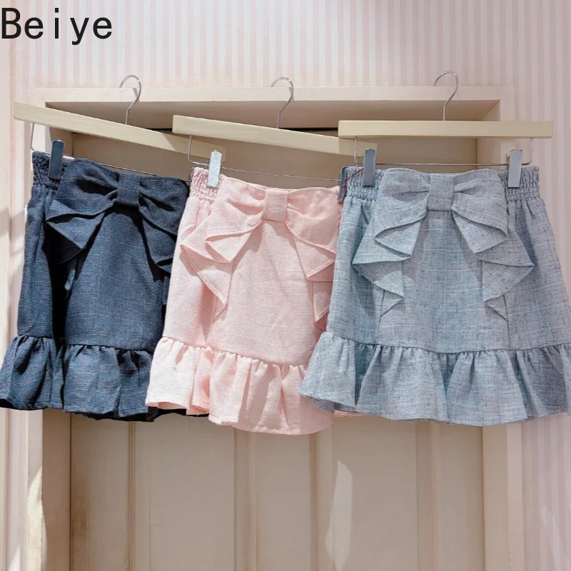 Japanese Style Mass-produced Skirts for Women Autumn Sweet Bow Ruffle Edge Skirt Female High Waist A Line Solid Short Skirt