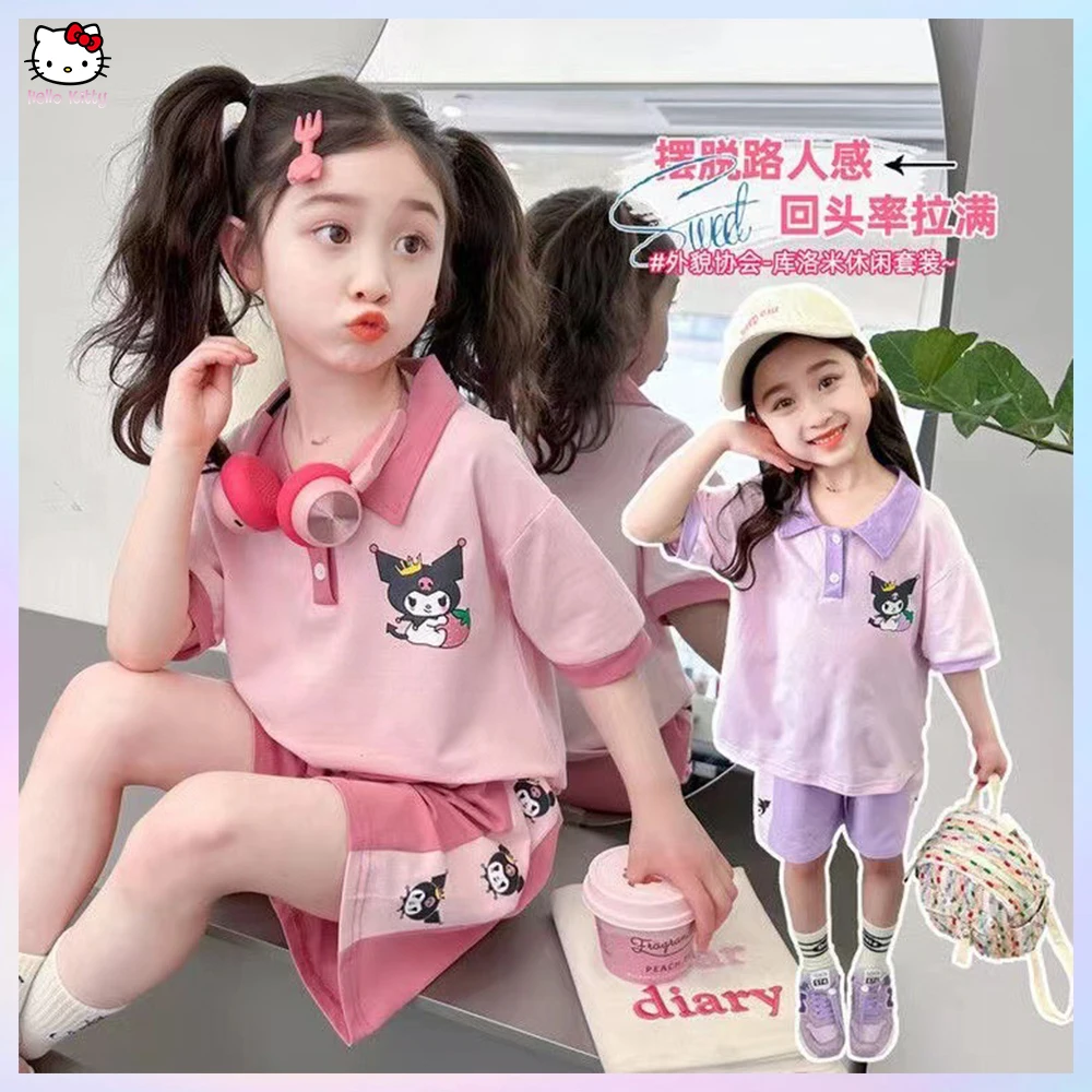 2024 New Sanrio Anime Costume Kuromi Girl Sports Sets Kids Casual Outfits Fashion T-Shirts+Shorts Girls Short Sleeves Top Shorts