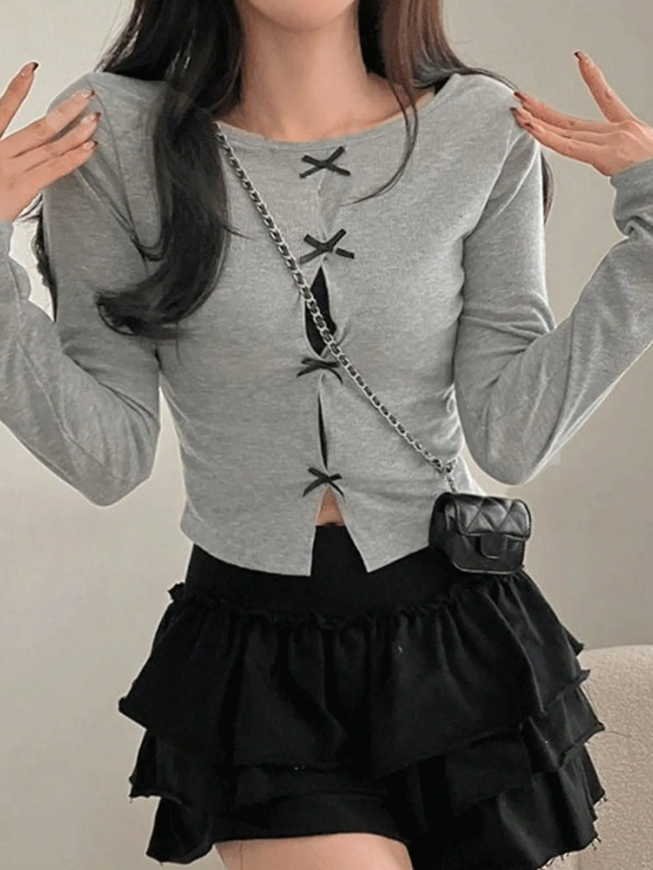 Korean Chic Sweet Knitted Slim Fit Autum New Style Patchwork Contrasting Bow Top