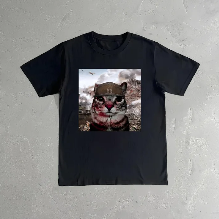 Vintage Military Cat Meme Short Sleeves T-Shirt Cool Aesthetic Soldier Cat Funny Gift Trendy Casual Streetwear Graphic Tee Top