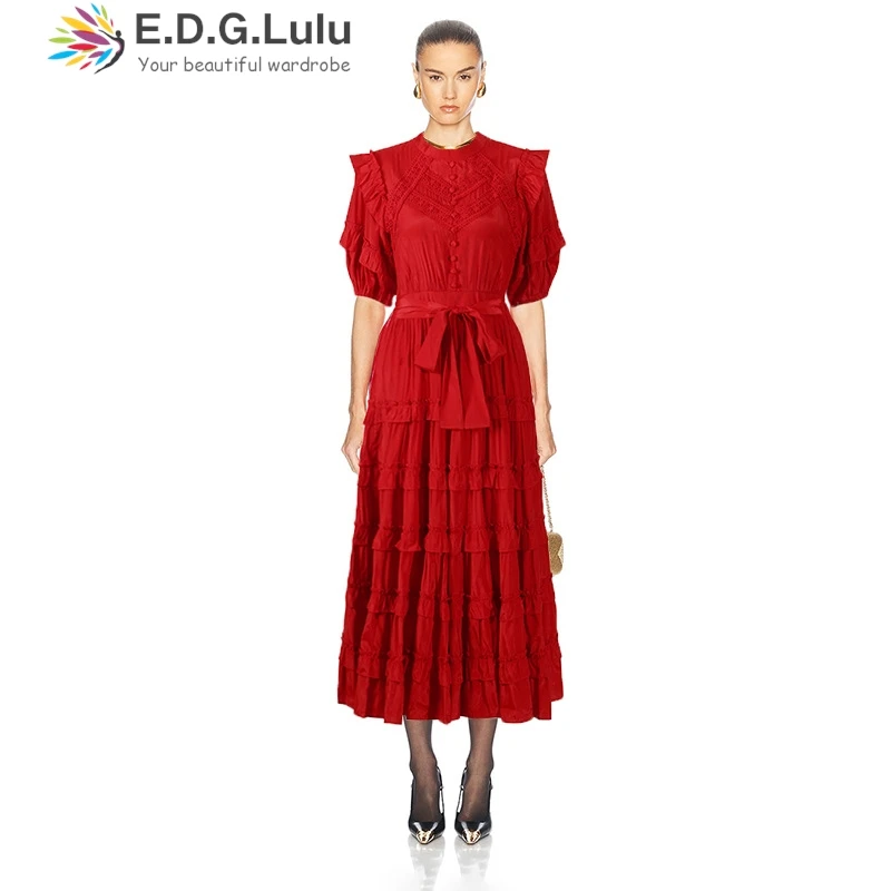 EDGLuLu O Neck Lantern Sleeves Casual Women's Long Dresses Single Breasted Buckle High Waist Lace-Up Loose Long Dresses 1130