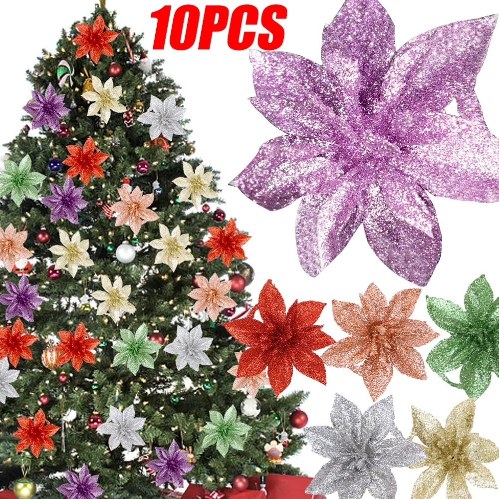 5/10pcs Glitter Artificial Flowers Christmas Tree Ornaments Merry Christmas Decorations Home New Year Wedding Party Gift Decor