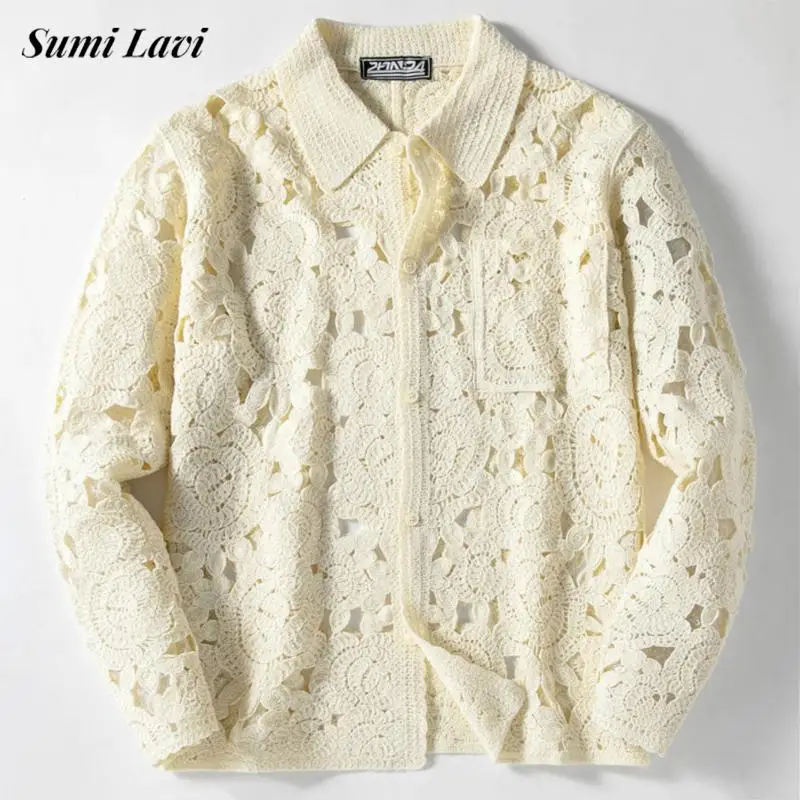 

Spring Fall Trendy Men's Embroidery Cardigans Vintage Hollow Out Knitted Jackets Stylish Mens Buttoned Lapel Shirt Jacket Coat