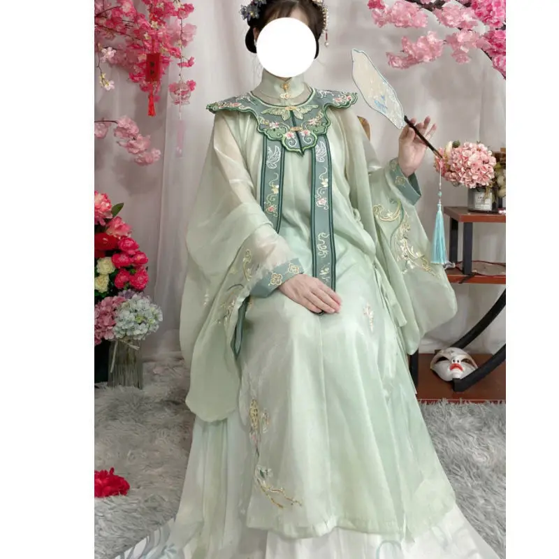 

Hanfu Women Ming Dynasty Style Slanted Collar Long Shirt Waist-Length Pleated Skirt Traditional Hanfu Cloud Shoulder Spring