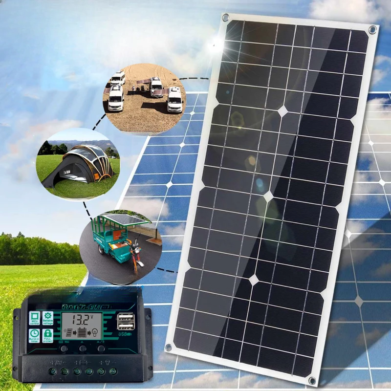 100W 18V Solar Power Panel USB 12V/5V DC Monocrystalline Flexible Solar Charger for Car RV Boat Battery Charger with Controller