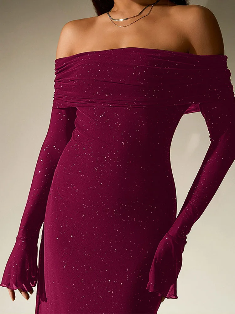 女性用セクシーなスラッシュネックドレープイブニングドレス、春のオフショルダー、ホローシャイニーロングドレス、秋のロングスリーブメッシュボヘミアンマキシドレス