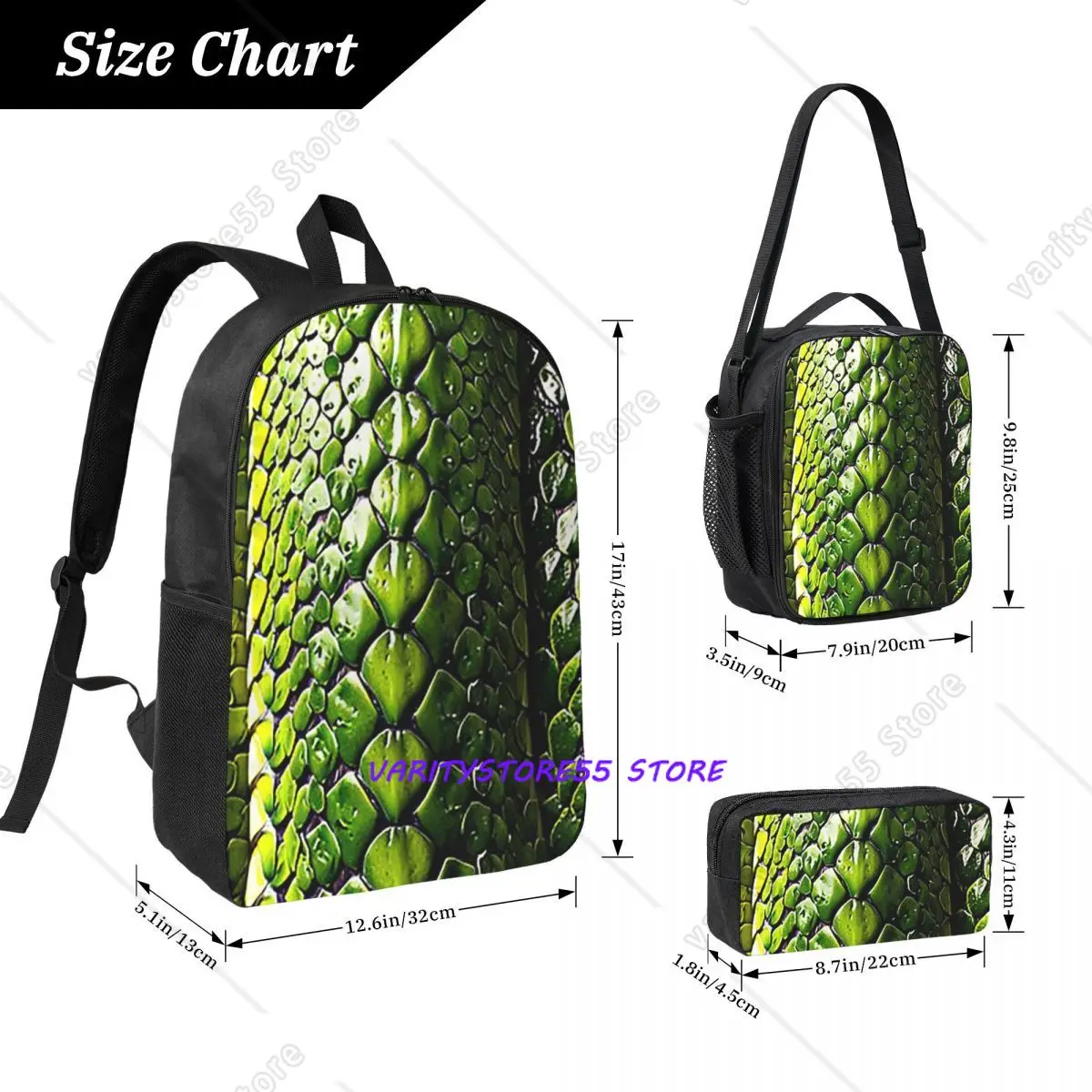 Snake Skin Green Snake Serpent Animal Backpack BookBag School Bag Computer Shoulder Bags 3ps Insulated Lunch Bag Pencil Case